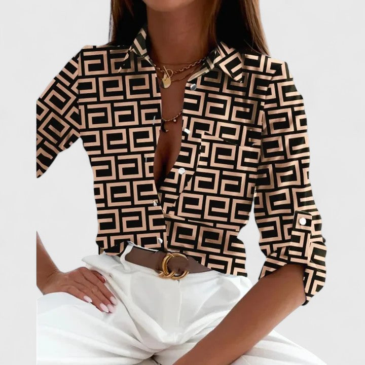 Davellia | Elegant Geometric Print V-Neck Blouse