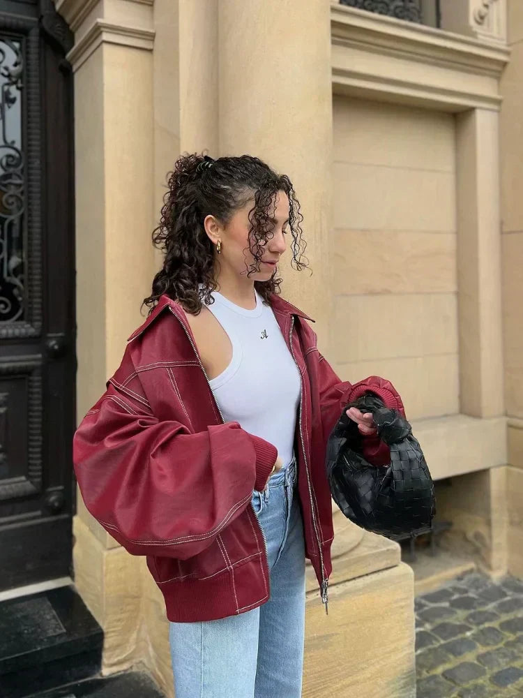 Davellia | Women’s Oversized Leather Bomber Zip Jacket