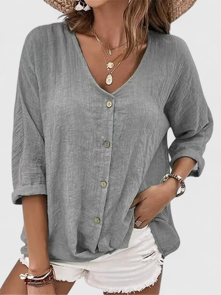 Davellia | Women's Casual V-Neck Button-Up Denim Blousecated Blouse