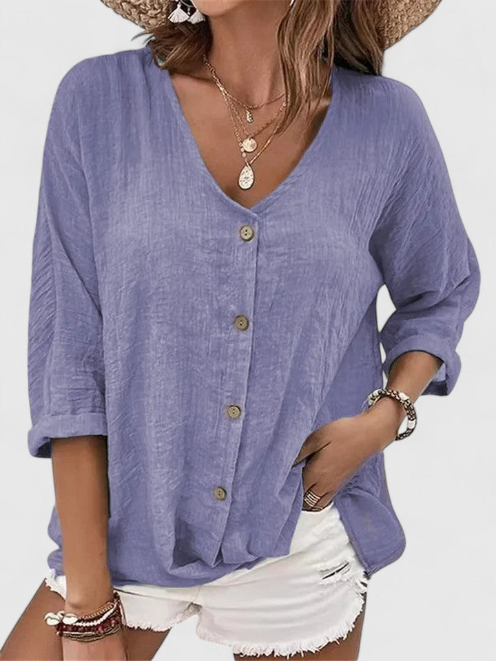 Davellia | Women's Casual V-Neck Button-Up Denim Blousecated Blouse