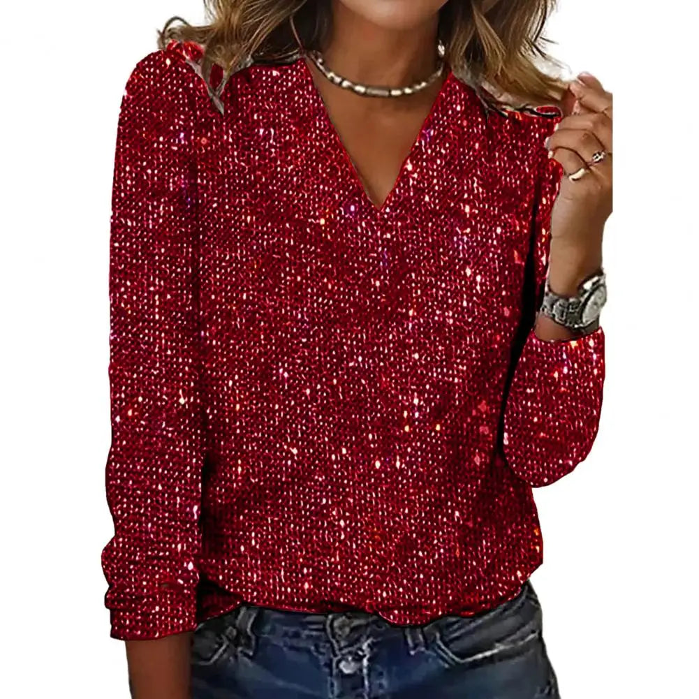 Davellia | Shiny Sequin V-Neck Blouse