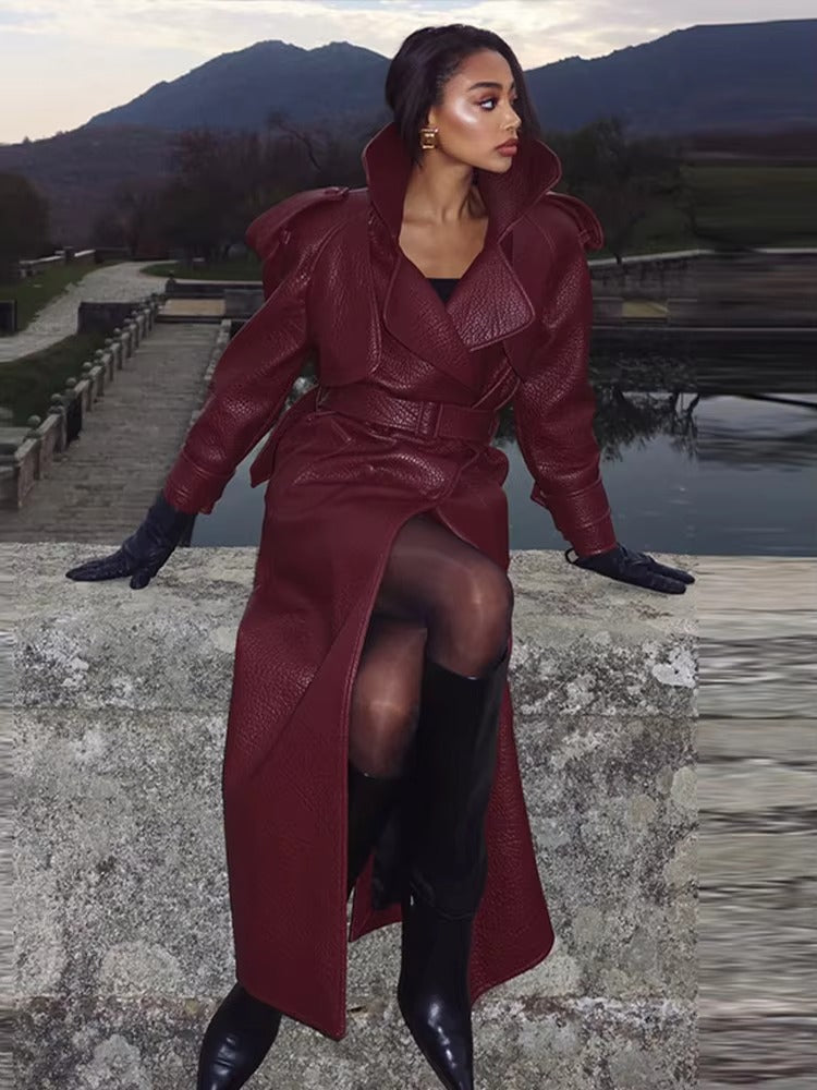 Davellia | Women’s Long Trench Leather Coat