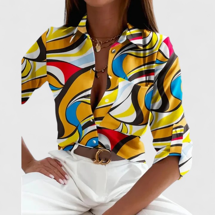 Davellia | Elegant Geometric Print V-Neck Blouse