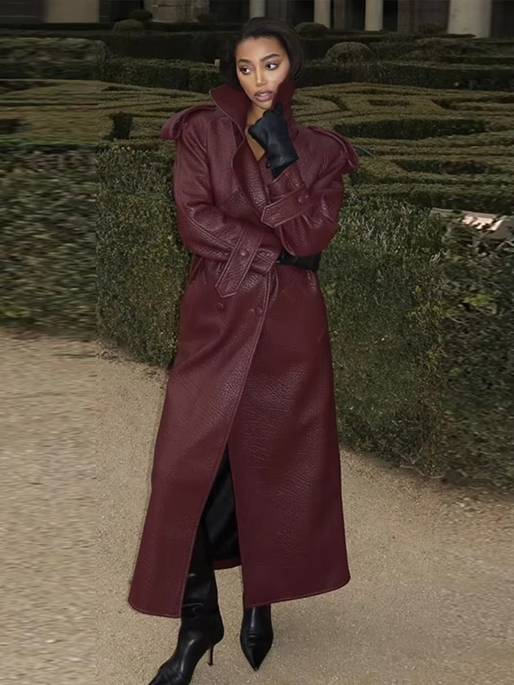 Davellia | Women’s Long Trench Leather Coat