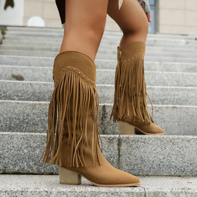 Davellia | Women’s Fringe High Heel Boots with Studs