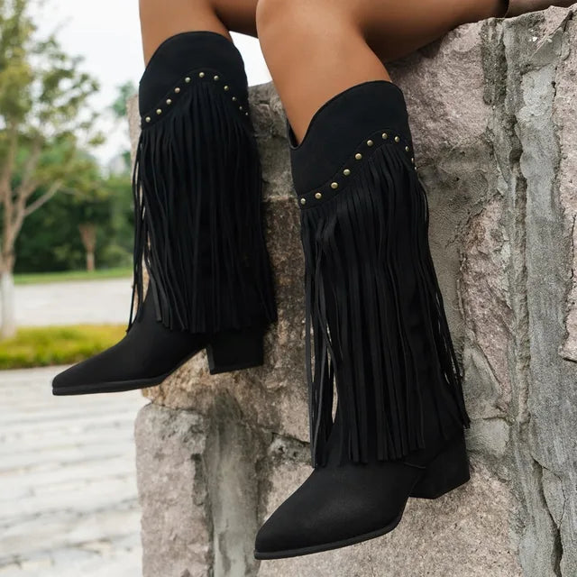 Davellia | Women’s Fringe High Heel Boots with Studs