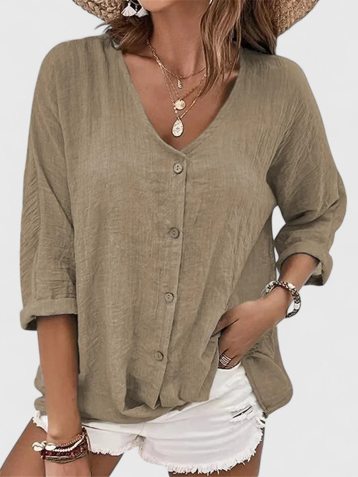Davellia | Women's Casual V-Neck Button-Up Denim Blousecated Blouse
