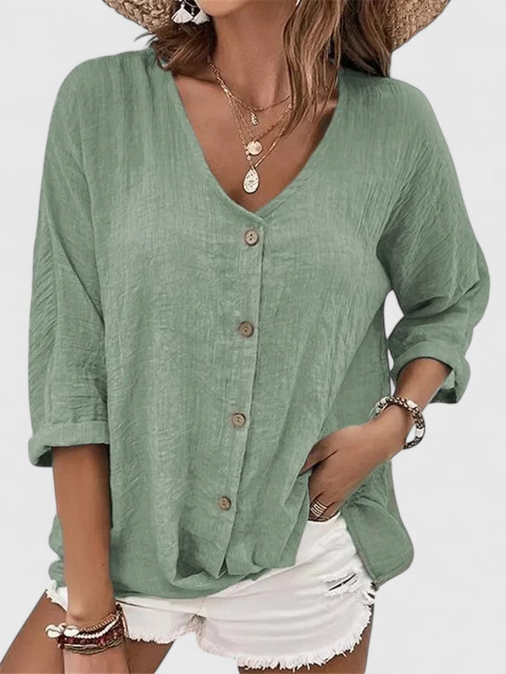 Davellia | Women's Casual V-Neck Button-Up Denim Blousecated Blouse