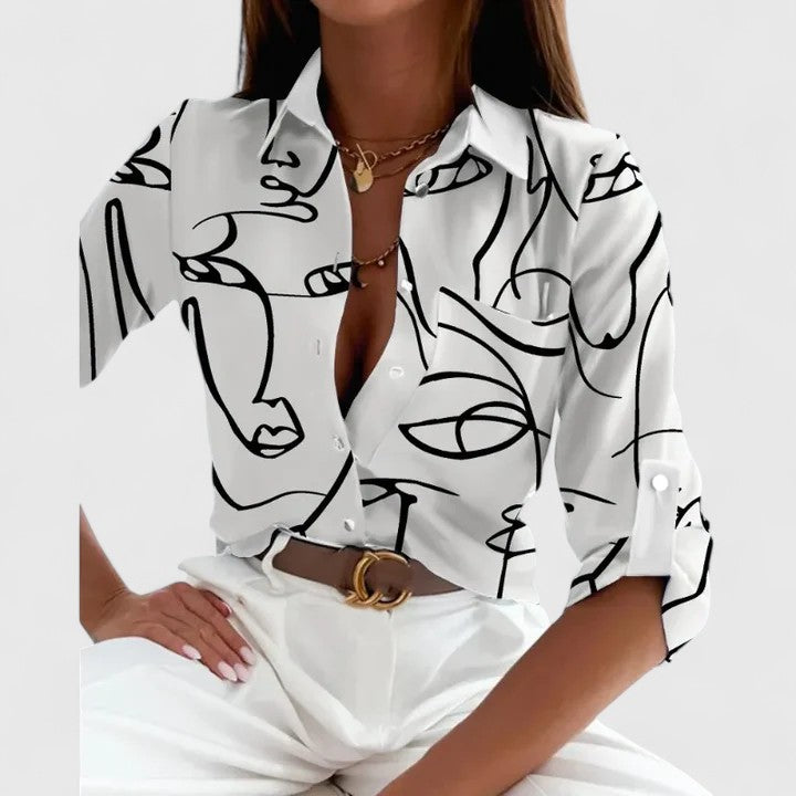 Davellia | Elegant Geometric Print V-Neck Blouse