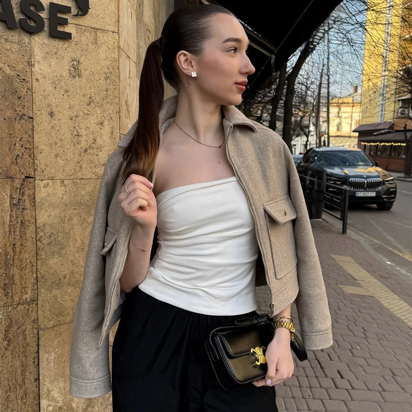 Davellia | Women’s Zippered Wool Bomber Jacket