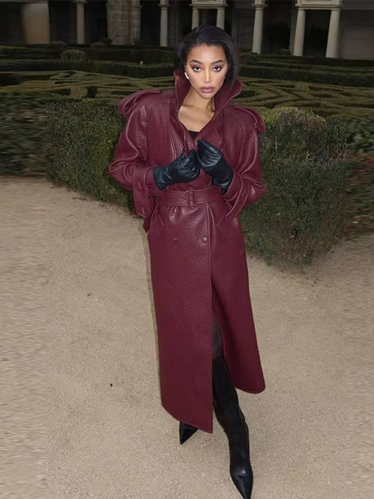 Davellia | Women’s Long Trench Leather Coat