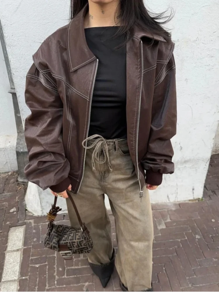 Davellia | Women’s Oversized Leather Bomber Zip Jacket