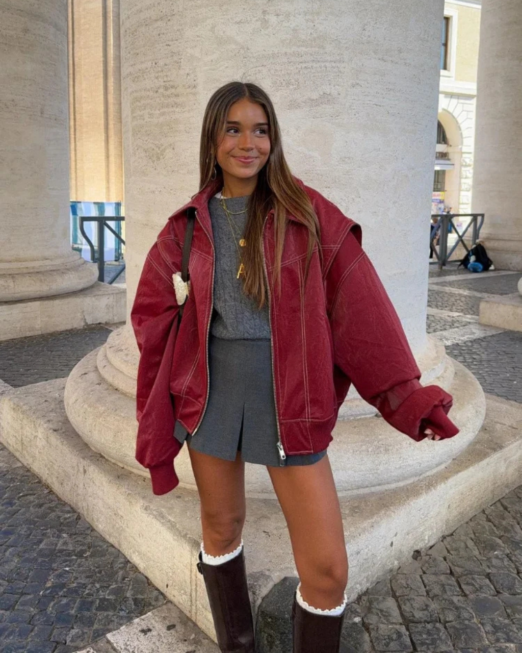 Davellia | Women’s Oversized Leather Bomber Zip Jacket