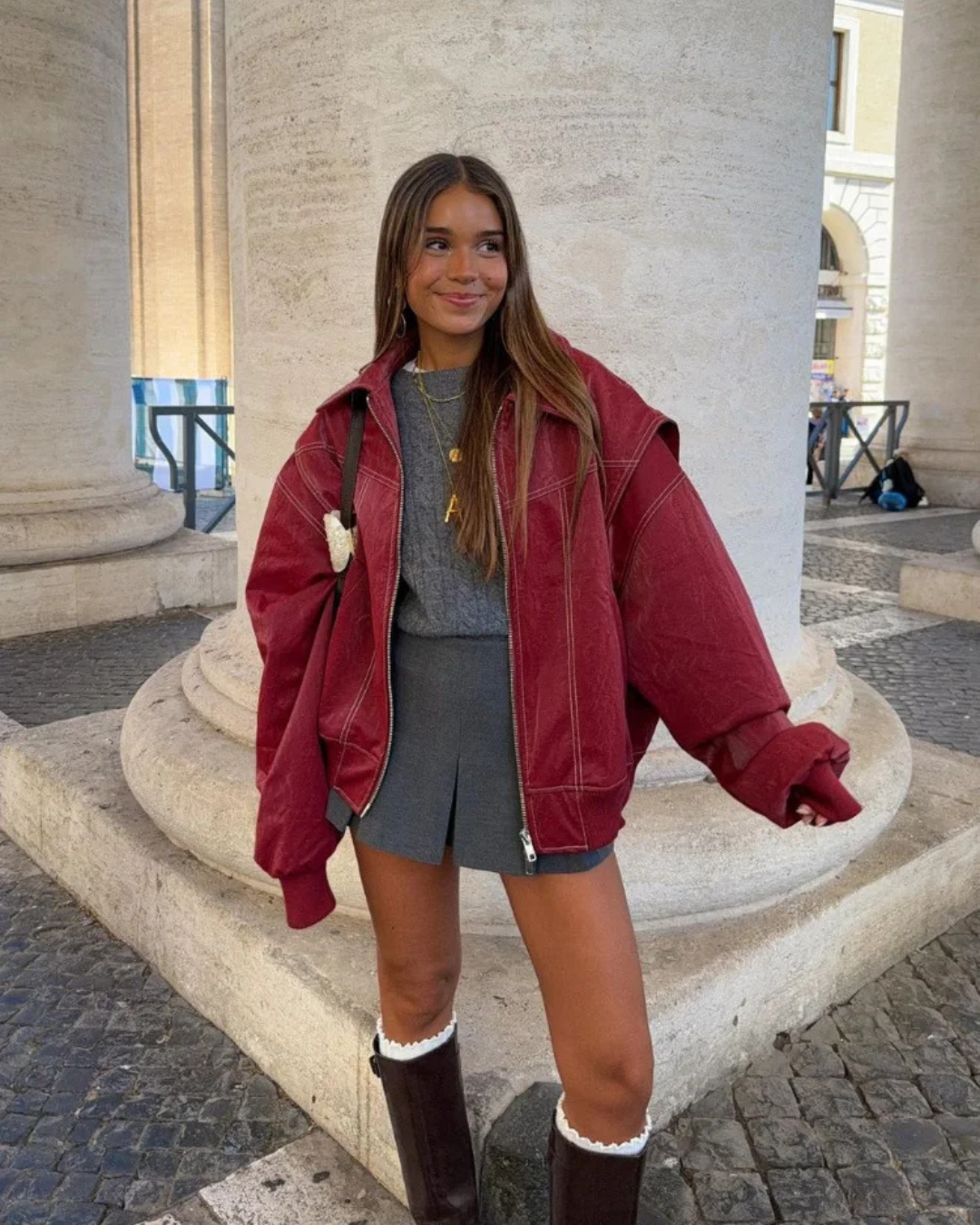 Davellia | Women’s Oversized Leather Bomber Zip Jacket
