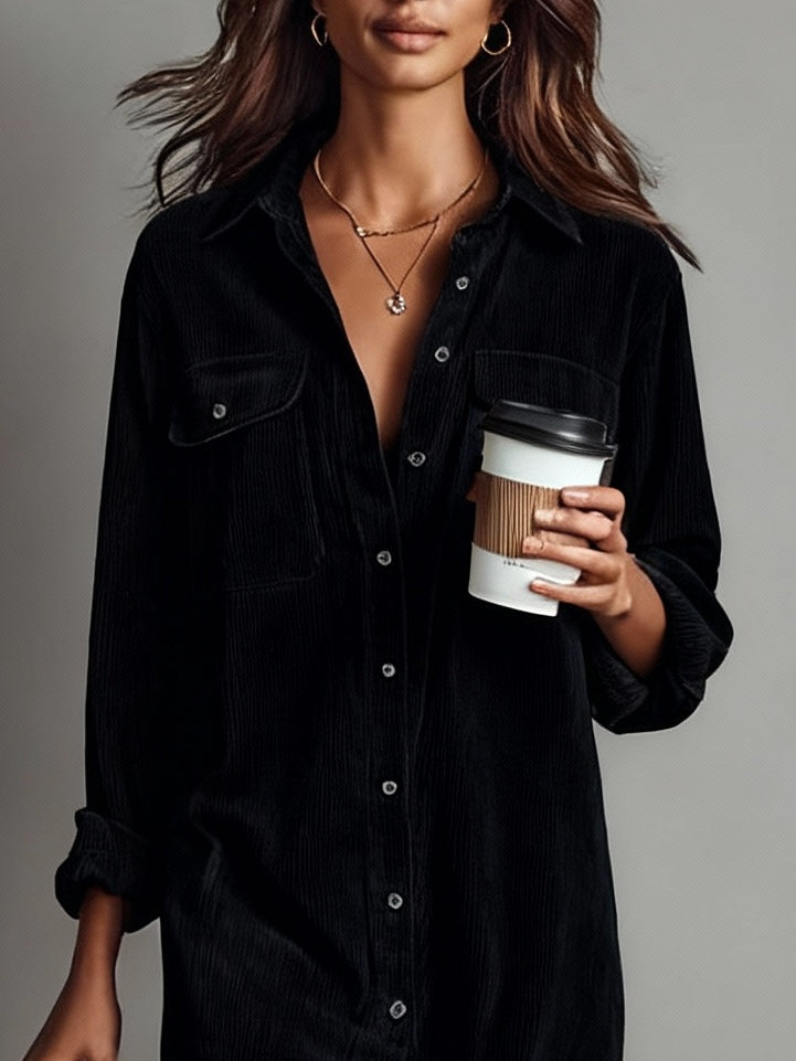 Davellia | Loose Corduroy Double Chest Pocket Midi Dress