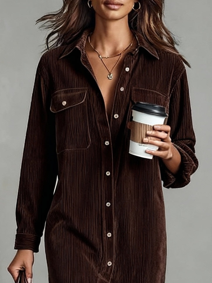 Davellia | Loose Corduroy Double Chest Pocket Midi Dress