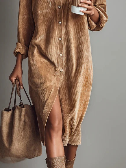 Davellia | Loose Corduroy Double Chest Pocket Midi Dress