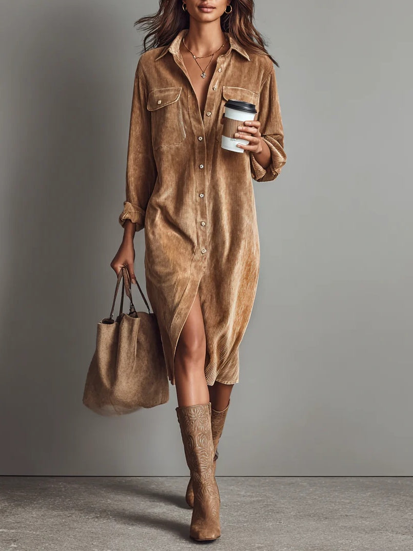 Davellia | Corduroy Midi Dress with Double Chest Pockets