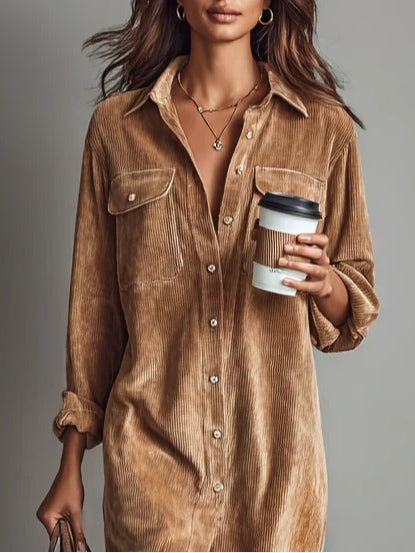 Davellia | Corduroy Midi Dress with Double Chest Pockets