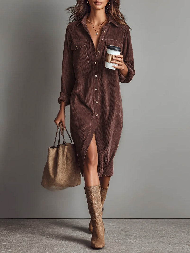 Davellia | Loose Corduroy Double Chest Pocket Midi Dress