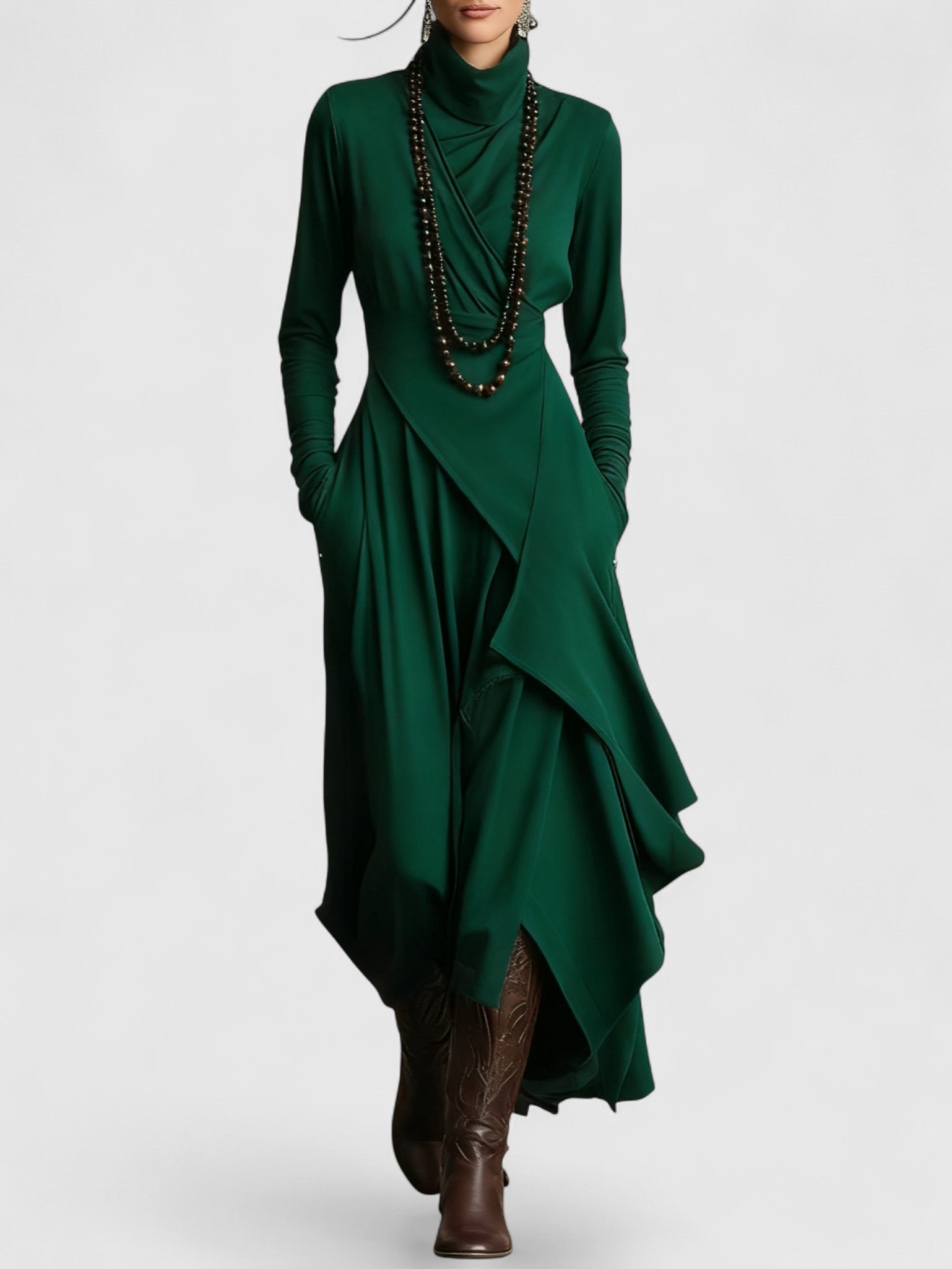 Davellia | Purple High Neck Asymmetrical Pleated Maxi Dress
