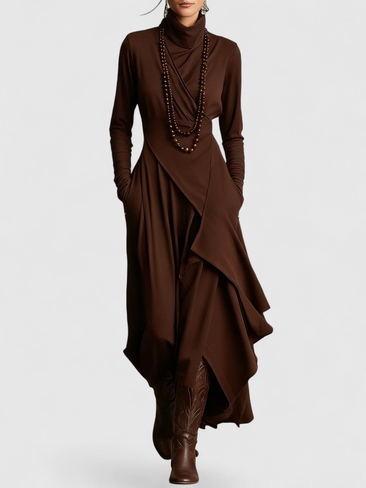 Davellia | Purple High Neck Asymmetrical Pleated Maxi Dress