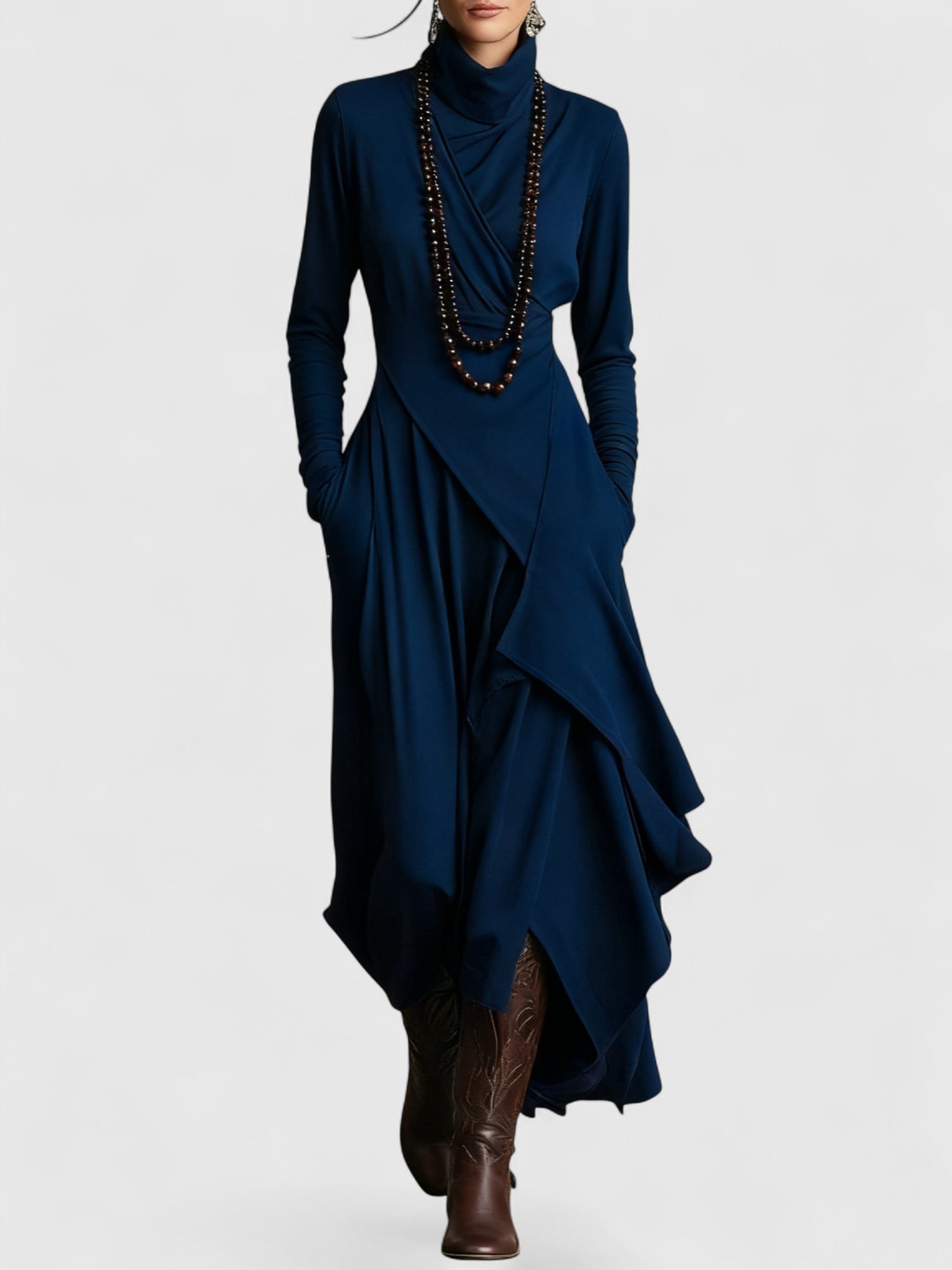 Davellia | Purple High Neck Asymmetrical Pleated Maxi Dress