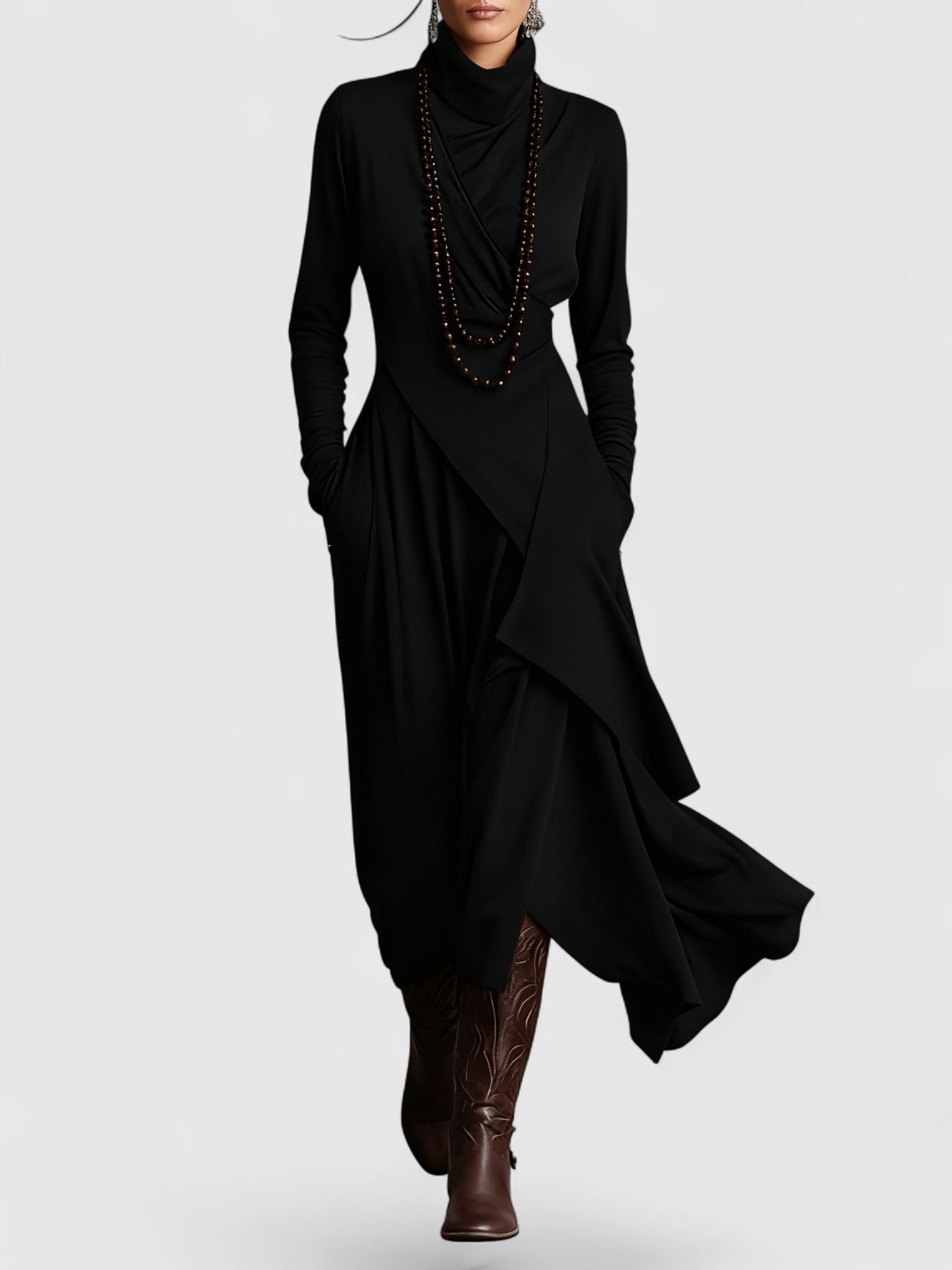 Davellia | Purple High Neck Asymmetrical Pleated Maxi Dress