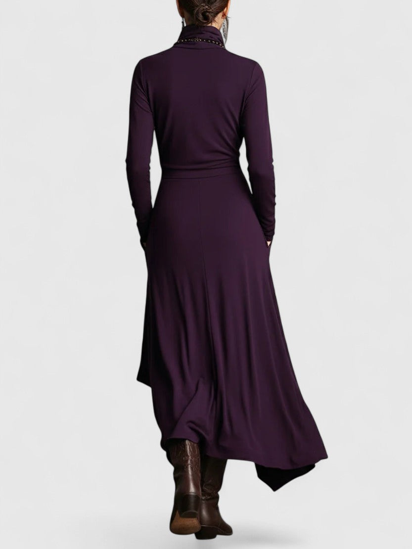 Davellia | Purple High Neck Asymmetrical Pleated Maxi Dress