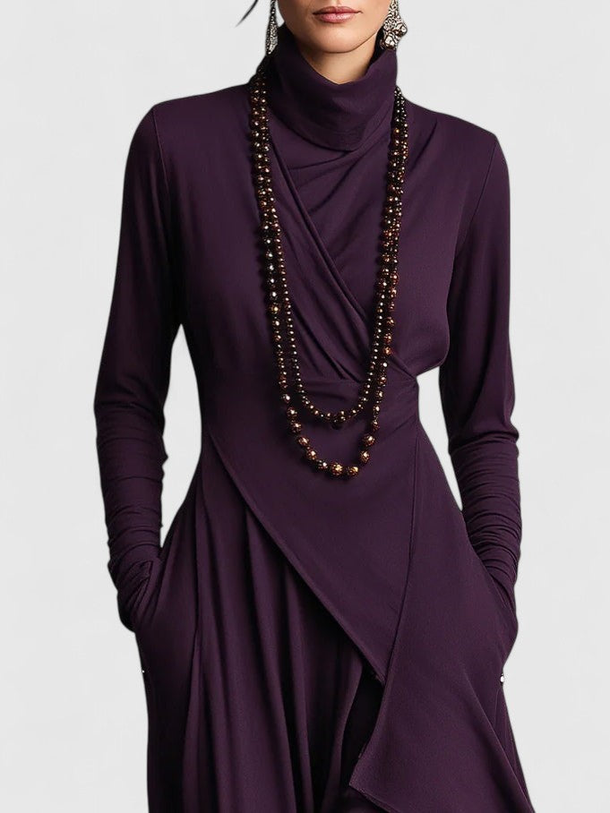 Davellia | Purple High Neck Asymmetrical Pleated Maxi Dress