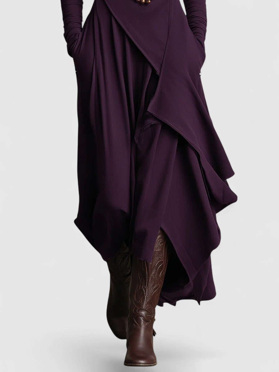 Davellia | Purple High Neck Asymmetrical Pleated Maxi Dress