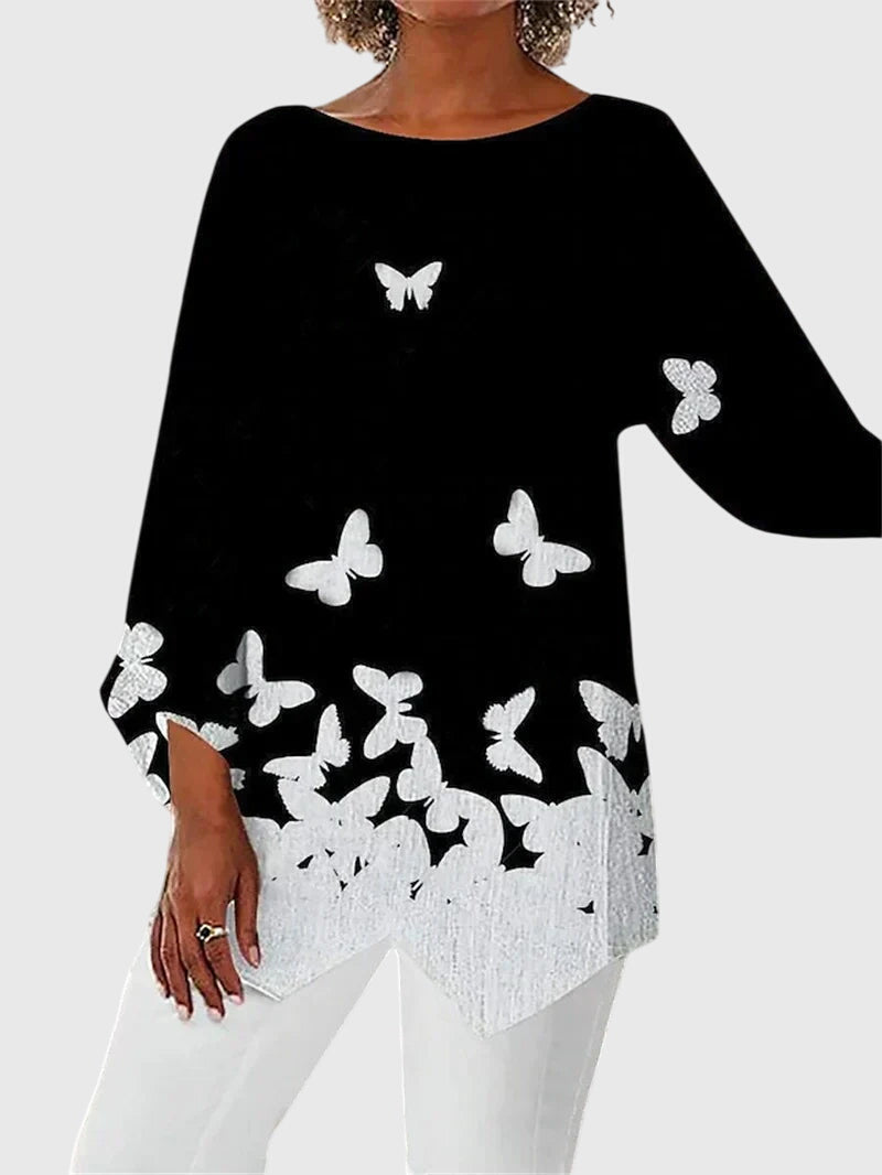 Davellia | Women's Elegant Butterfly Print Asymmetrical Blouse