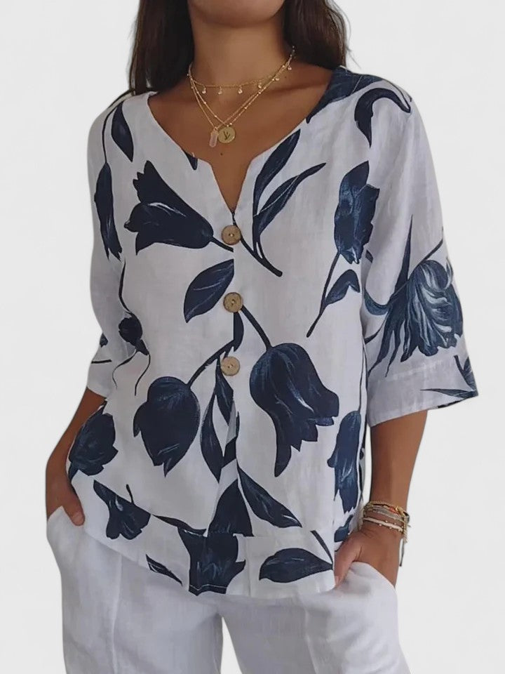 Davellia | Women’s Elegant Floral Button V-Neck Blouse