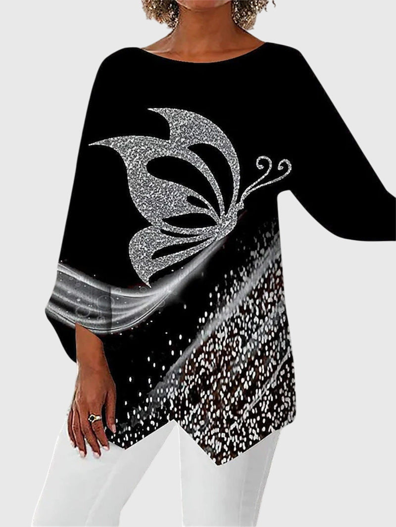 Davellia | Women's Elegant Butterfly Print Asymmetrical Blouse