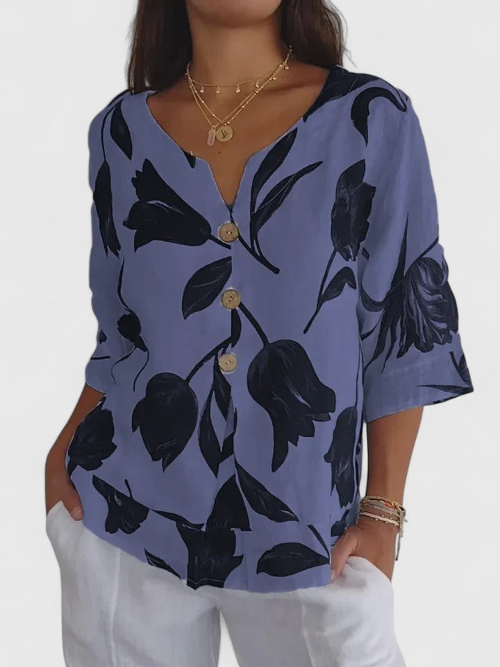 Davellia | Women’s Elegant Floral Button V-Neck Blouse