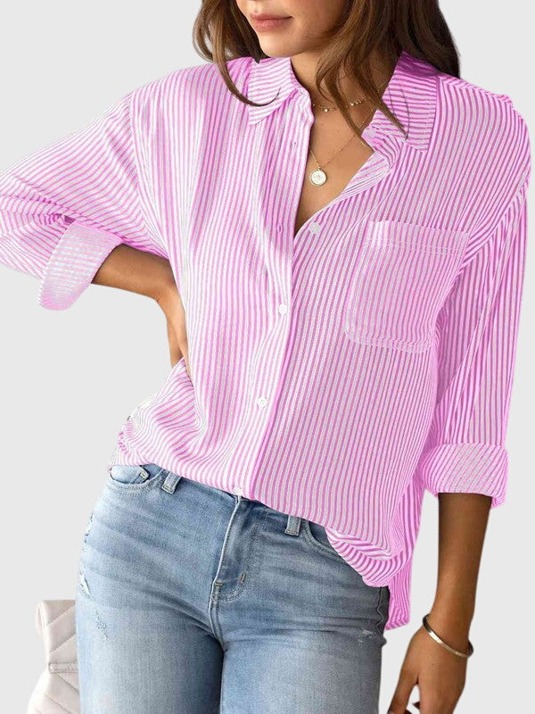Davellia | Collared Striped V-Neck Blouse