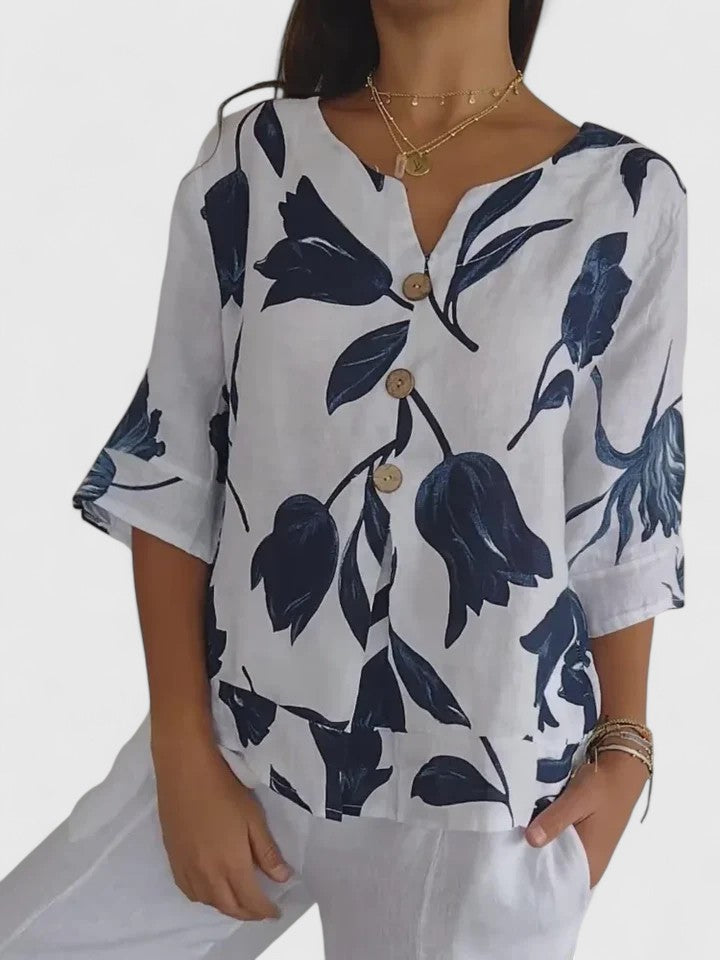 Davellia | Women’s Elegant Floral Button V-Neck Blouse