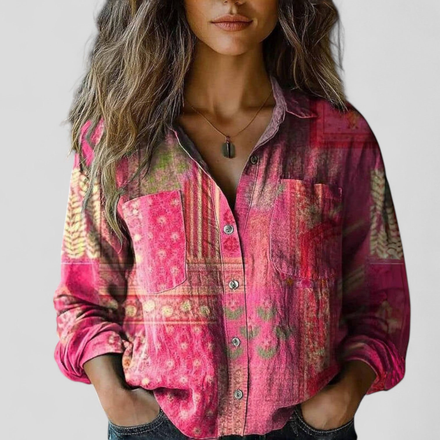 Davellia | Women's Boho Floral Patchwork Button-Up Blouse