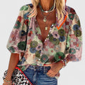 Davellia | Women's Boho Printed V-Neck Button Blouse