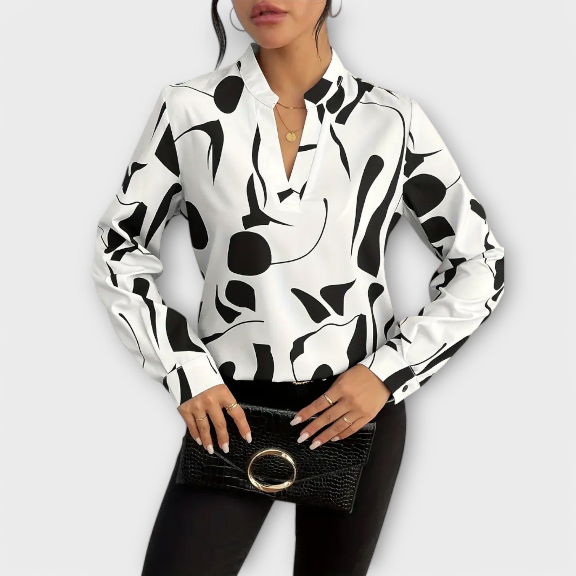 Davellia | Women's Elegant Abstract Print V-Neck Blouse