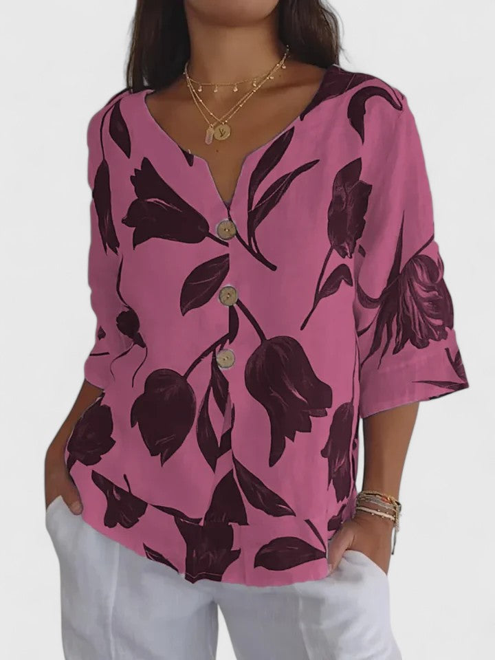 Davellia | Women’s Elegant Floral Button V-Neck Blouse