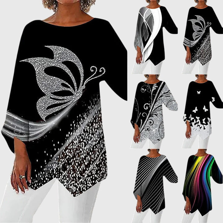 Davellia | Women's Elegant Butterfly Print Asymmetrical Blouse