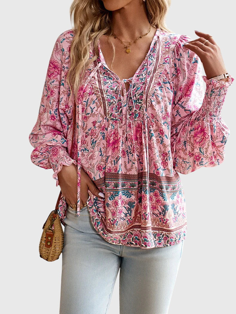 Davellia | Women's Boho Floral V-Neck Blouse