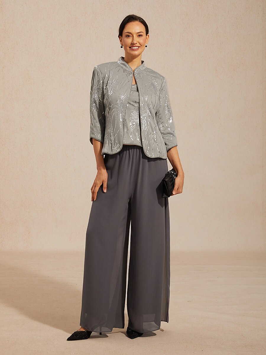 Davellia | Elegant Sequin Feather Print Twinset Blouse