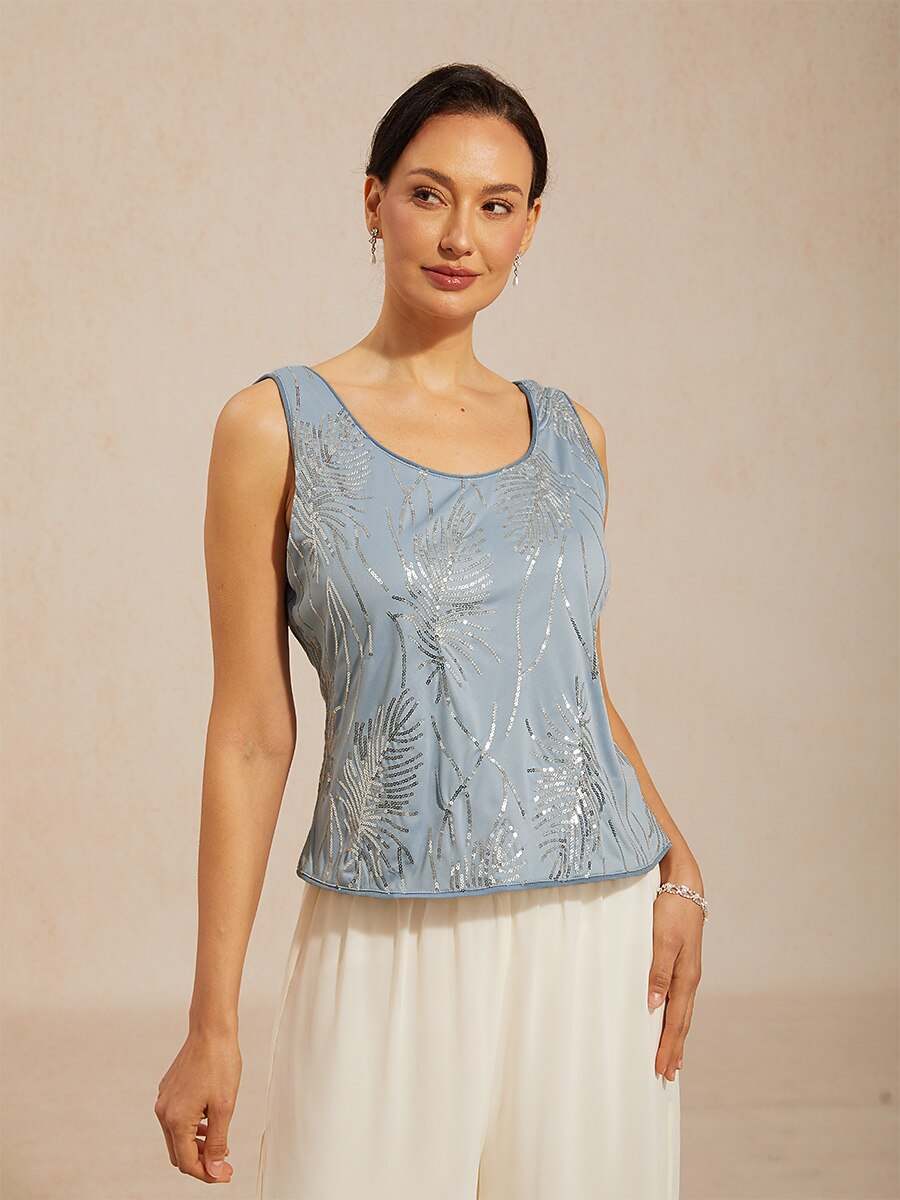 Davellia | Elegant Sequin Feather Print Twinset Blouse