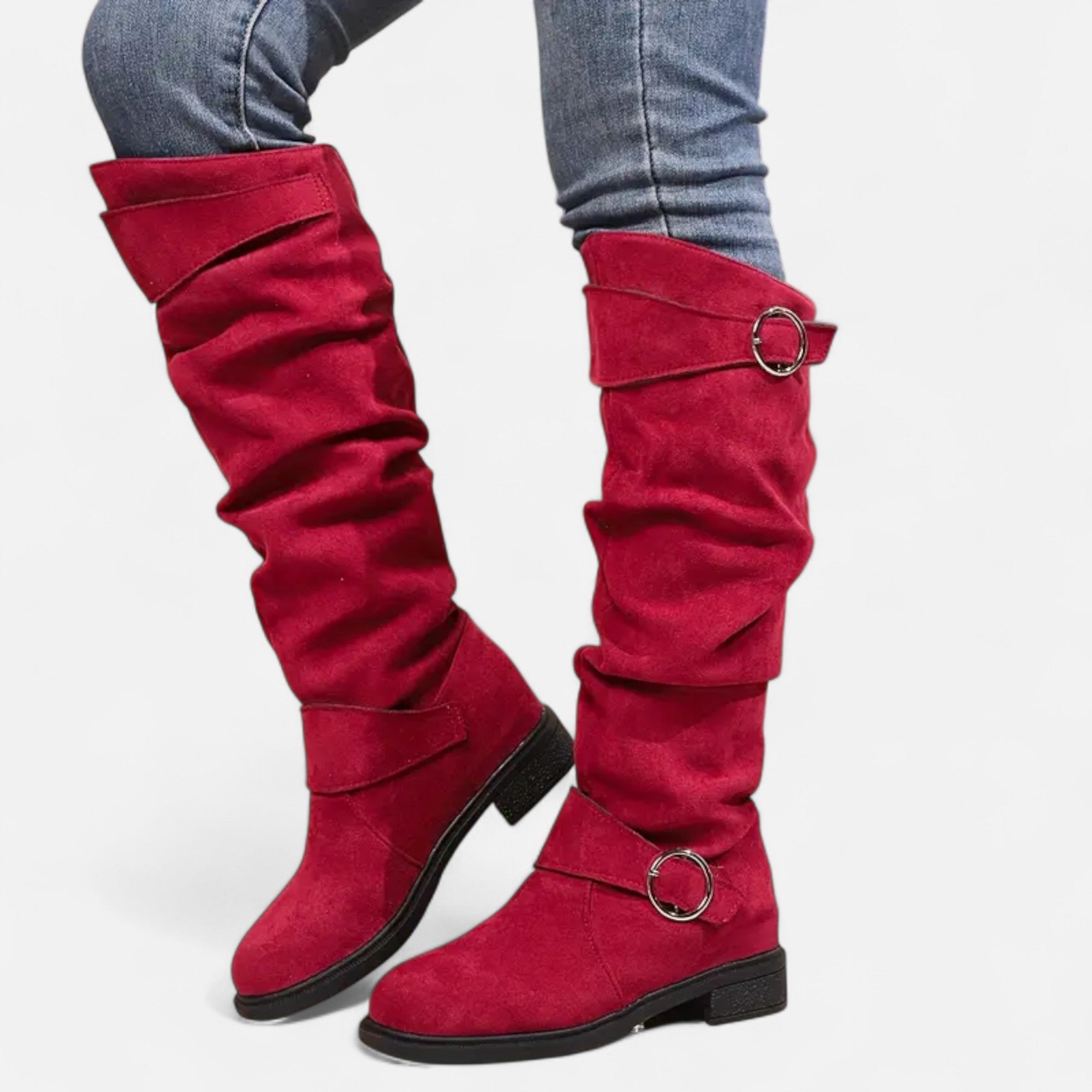 Davellia | Women’s Knee-High Boots – Buckle Belt Elegance