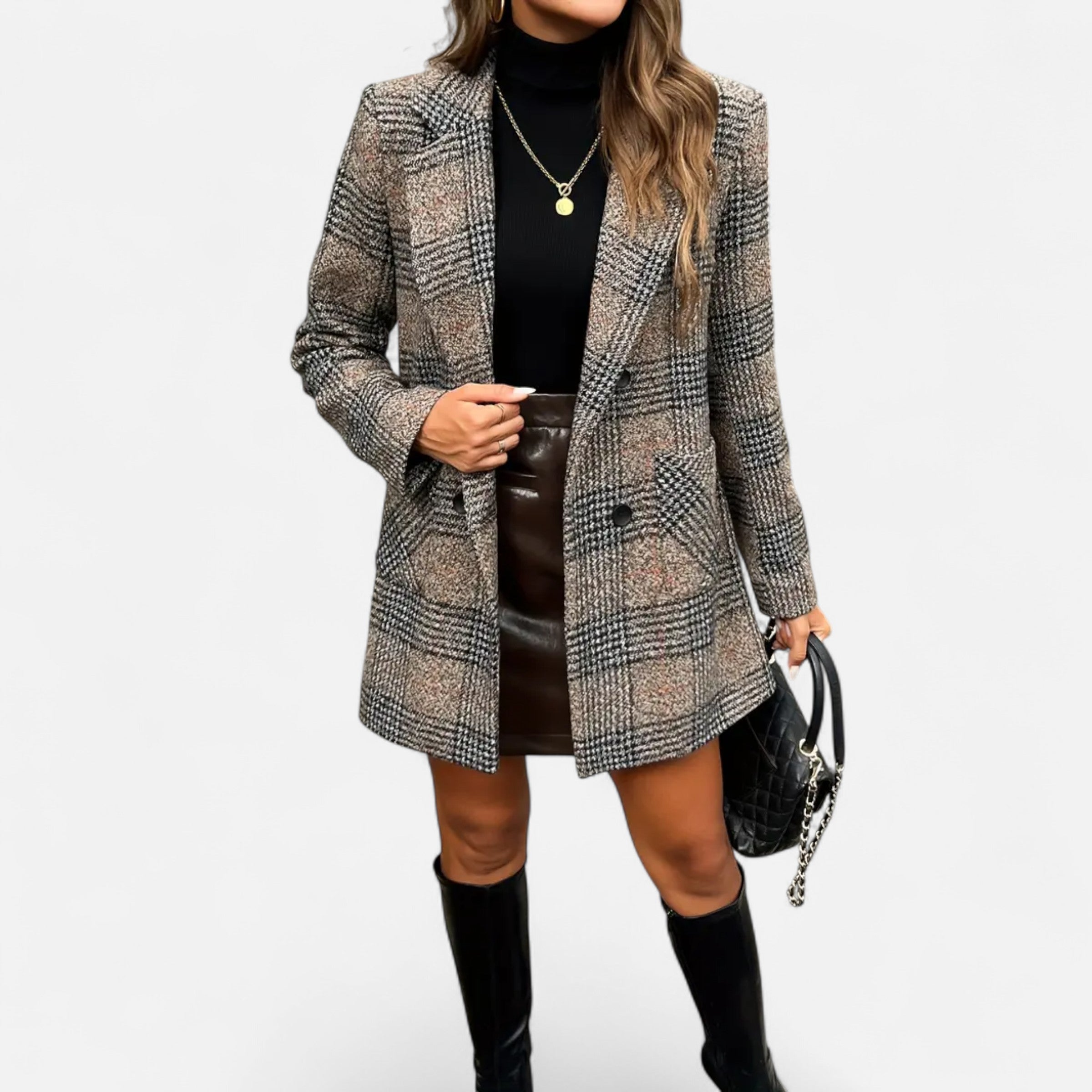 Davellia | Women’s Classic Coat – Houndstooth Timeless Sophistication