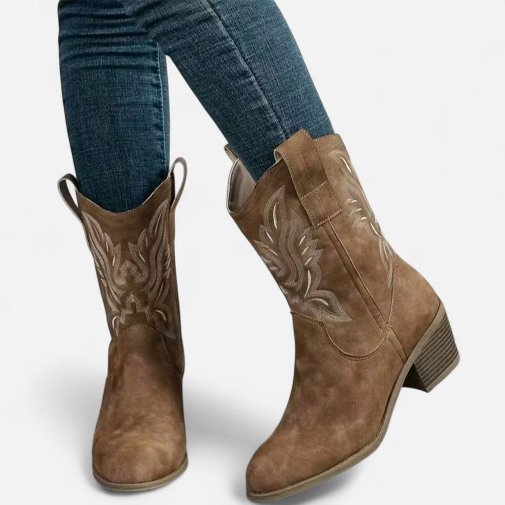 Davellia | Women’s Suede Cowboy Boots – Vintage Chunky Heel