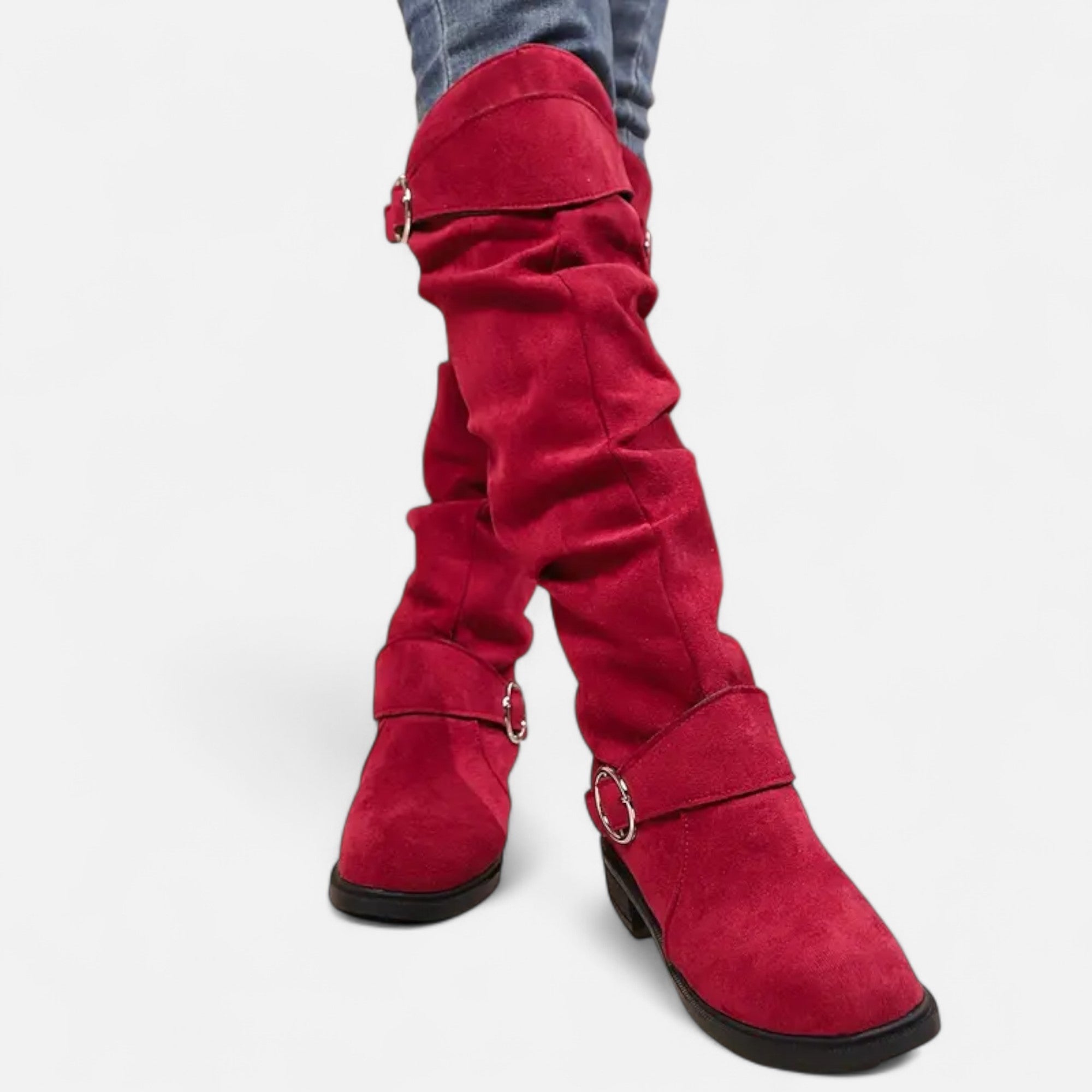 Davellia | Women’s Knee-High Boots – Buckle Belt Elegance