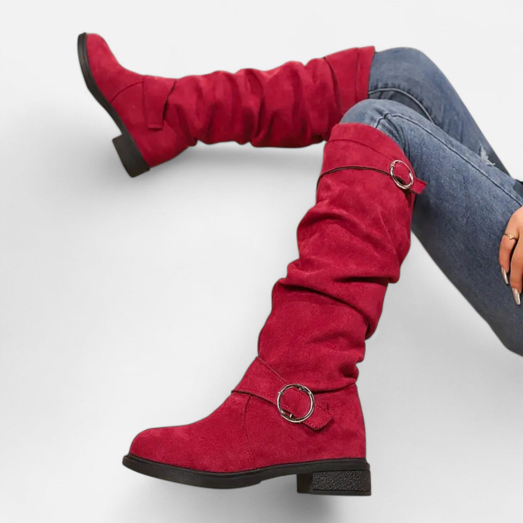 Davellia | Women’s Knee-High Boots – Buckle Belt Elegance